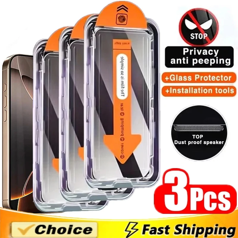 3Pcs Dust Free Installation Privacy Screen Protector for IPhone 16 14 11 12 13 15 Pro Max 7 8 Plus Mini X XR 17 Anti-spy Glass