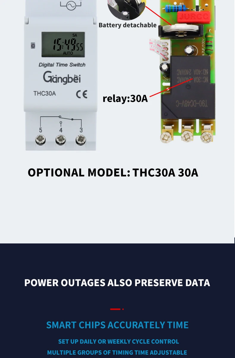 Weekly 7 Days Programmable Digital TIME SWITCH Relay Timer Control AC 220V 230V 110V DC24V 12V THC30 30A Din Rail Mount