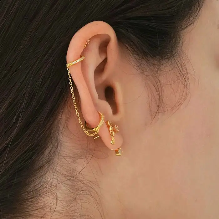 1PCS Double Hoop Earring with Chain 925 Sterling Silver Ear Needle Crystal Huggie Earrings Party Jewelry Piercing Earlobe Hoops