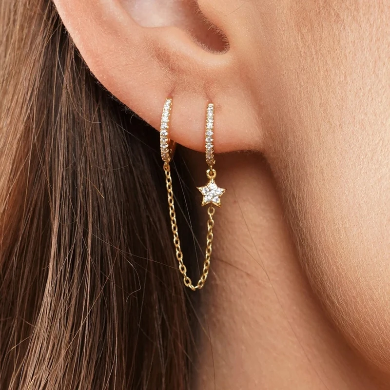 1PCS Double Hoop Earring with Chain 925 Sterling Silver Ear Needle Crystal Huggie Earrings Party Jewelry Piercing Earlobe Hoops