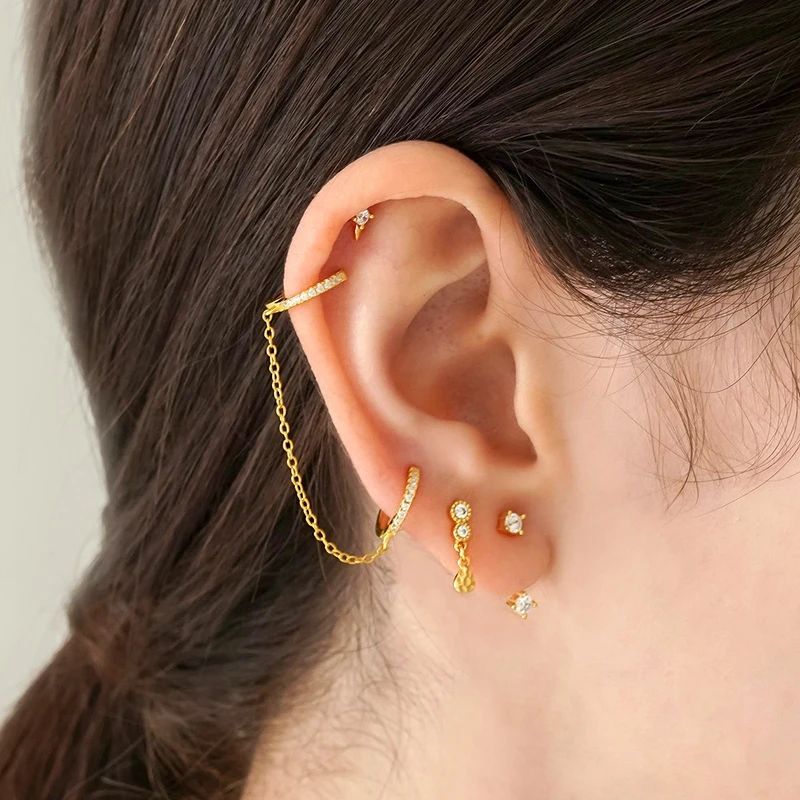 1PCS Double Hoop Earring with Chain 925 Sterling Silver Ear Needle Crystal Huggie Earrings Party Jewelry Piercing Earlobe Hoops