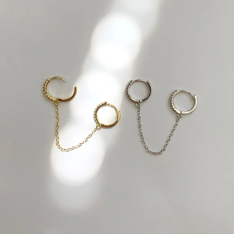 1PCS Double Hoop Earring with Chain 925 Sterling Silver Ear Needle Crystal Huggie Earrings Party Jewelry Piercing Earlobe Hoops