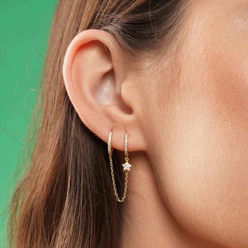 1PCS Double Hoop Earring with Chain 925 Sterling Silver Ear Needle Crystal Huggie Earrings Party Jewelry Piercing Earlobe Hoops