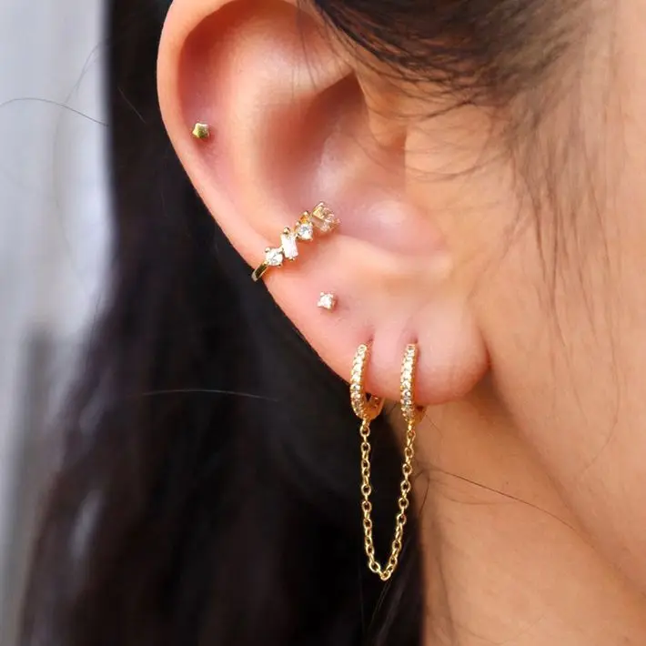 1PCS Double Hoop Earring with Chain 925 Sterling Silver Ear Needle Crystal Huggie Earrings Party Jewelry Piercing Earlobe Hoops