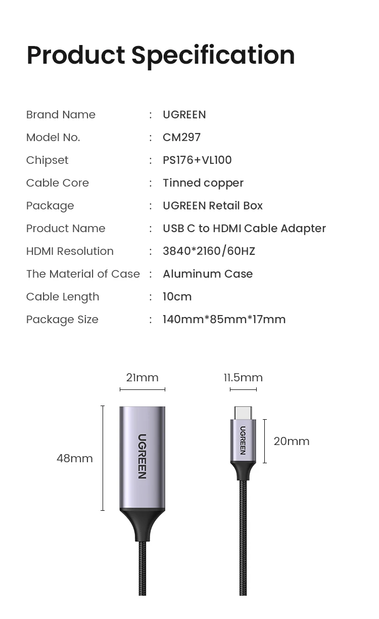 UGREEN USB Type C to HDMI Cable 4K USB C HDMI Adapter For iPhone 15 PC Xiaomi MacBook Pro Air iPad Pro Samsung Galaxy HDMI Cable
