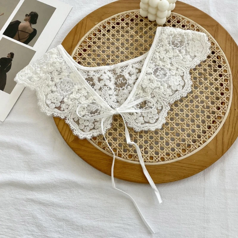 Women Sweet Girls Detachable Collar Shawl Elegant Hollow Out Embroidery Floral Lace Scarf Lace-Up Capelet