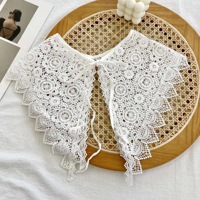 Women Sweet Girls Detachable Collar Shawl Elegant Hollow Out Embroidery Floral Lace Scarf Lace-Up Capelet