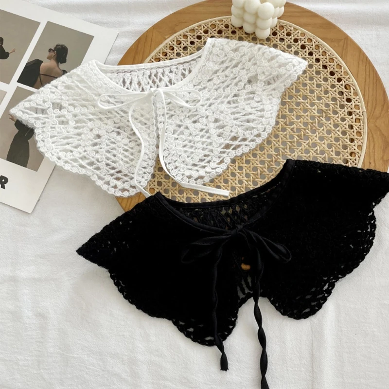 Women Sweet Girls Detachable Collar Shawl Elegant Hollow Out Embroidery Floral Lace Scarf Lace-Up Capelet
