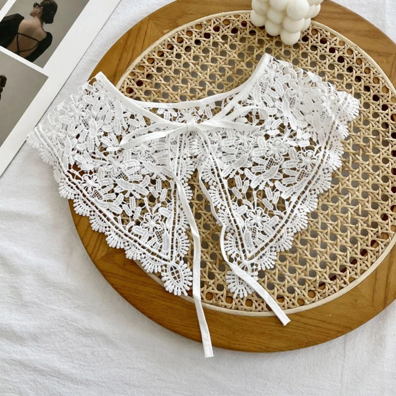 Women Sweet Girls Detachable Collar Shawl Elegant Hollow Out Embroidery Floral Lace Scarf Lace-Up Capelet
