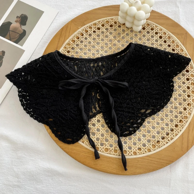 Women Sweet Girls Detachable Collar Shawl Elegant Hollow Out Embroidery Floral Lace Scarf Lace-Up Capelet