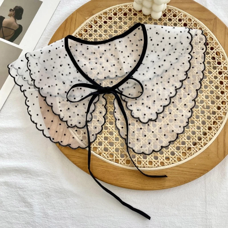 Women Sweet Girls Detachable Collar Shawl Elegant Hollow Out Embroidery Floral Lace Scarf Lace-Up Capelet