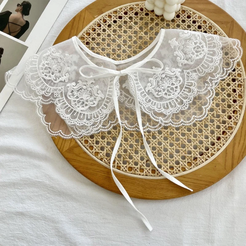 Women Sweet Girls Detachable Collar Shawl Elegant Hollow Out Embroidery Floral Lace Scarf Lace-Up Capelet