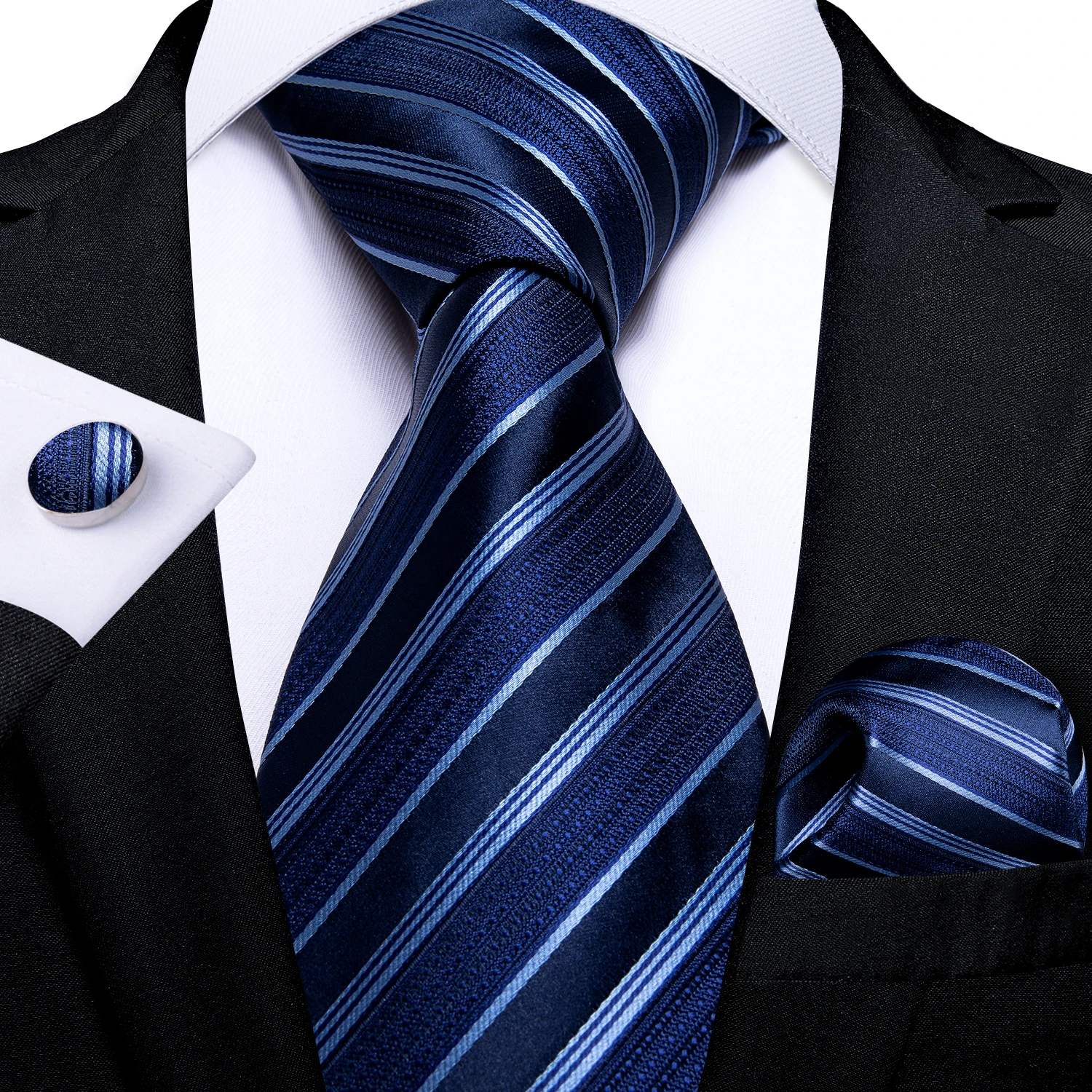 New Formal Ties Classic Blue Striped Necktie Handkerchief Cufflinks Gift For Men Wedding Tie Cravate Gravatas