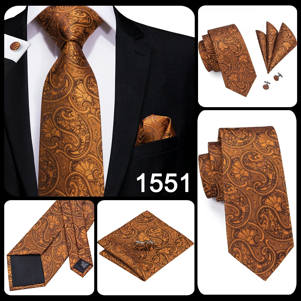 Hi-Tie Orange Solid Paisley Men's Tie Set Silk Wedding Tie For Men New Fashion Designer Quality Hanky Cufflinks Set Dropshipping