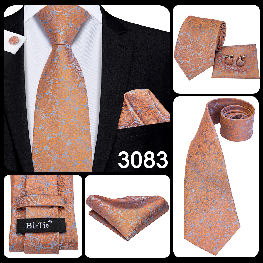Hi-Tie Orange Solid Paisley Men's Tie Set Silk Wedding Tie For Men New Fashion Designer Quality Hanky Cufflinks Set Dropshipping