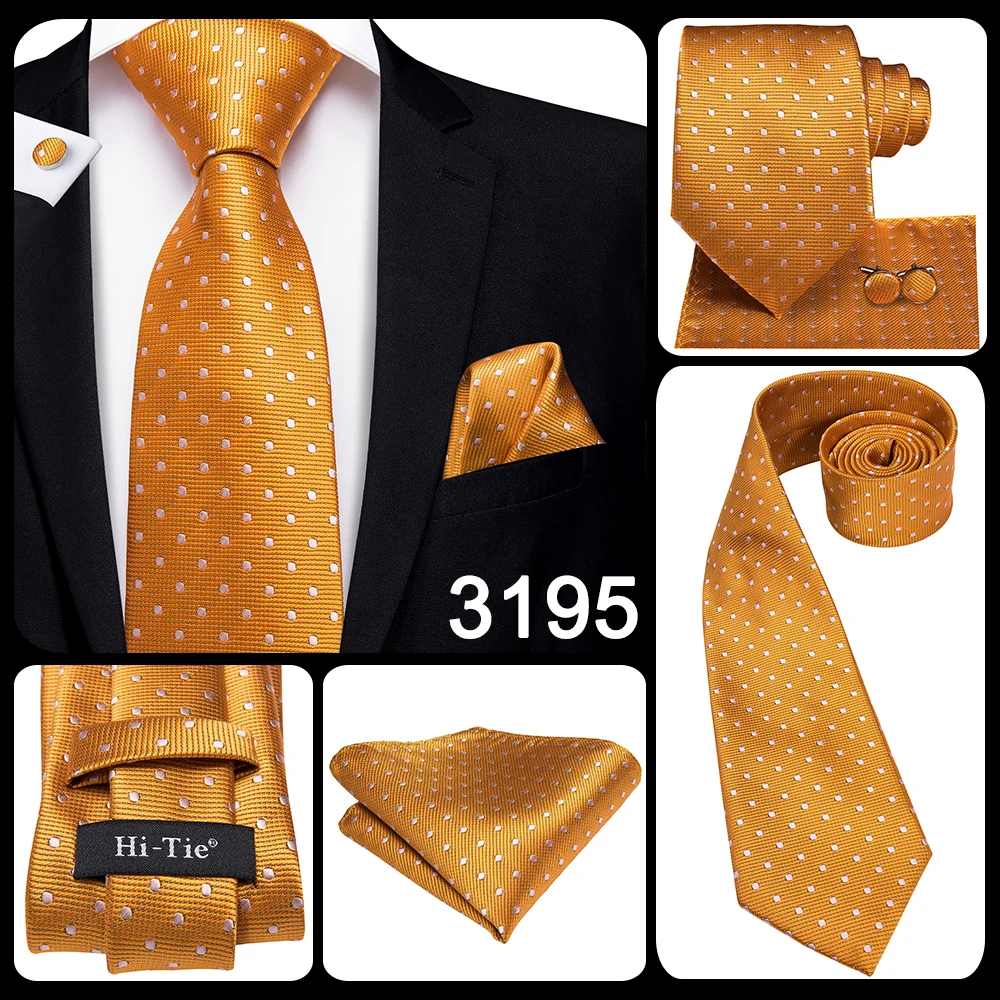 Hi-Tie Orange Solid Paisley Men's Tie Set Silk Wedding Tie For Men New Fashion Designer Quality Hanky Cufflinks Set Dropshipping