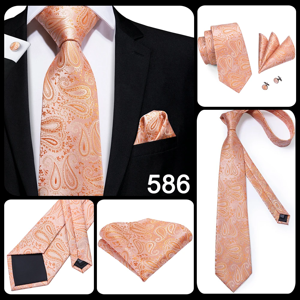 Hi-Tie Orange Solid Paisley Men's Tie Set Silk Wedding Tie For Men New Fashion Designer Quality Hanky Cufflinks Set Dropshipping