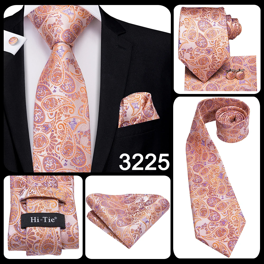 Hi-Tie Orange Solid Paisley Men's Tie Set Silk Wedding Tie For Men New Fashion Designer Quality Hanky Cufflinks Set Dropshipping