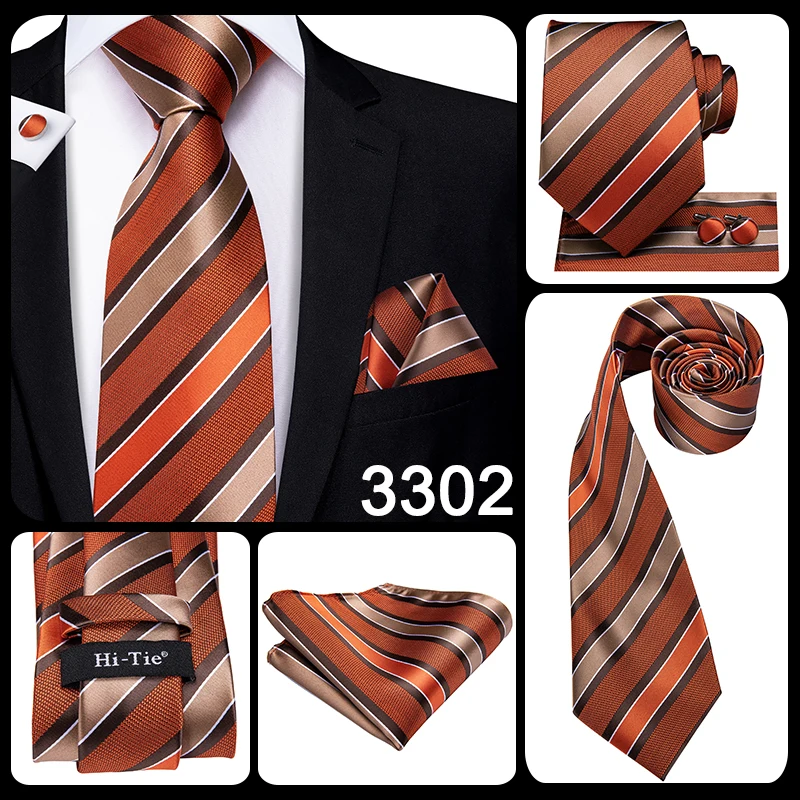 Hi-Tie Orange Solid Paisley Men's Tie Set Silk Wedding Tie For Men New Fashion Designer Quality Hanky Cufflinks Set Dropshipping