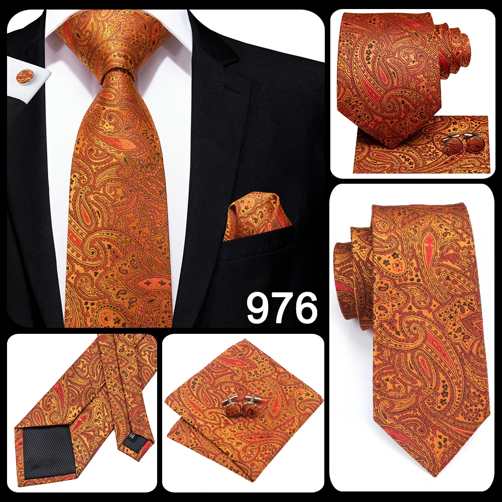 Hi-Tie Orange Solid Paisley Men's Tie Set Silk Wedding Tie For Men New Fashion Designer Quality Hanky Cufflinks Set Dropshipping