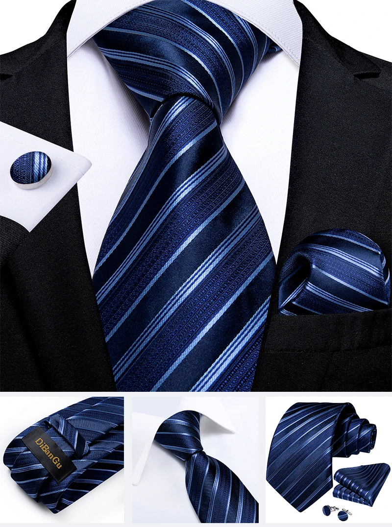 Classic Navy Blue Men's Tie Striped Paisley Floral Necktie Pocket Square Cufflinks Business Tie Set Cravat Gift For Men