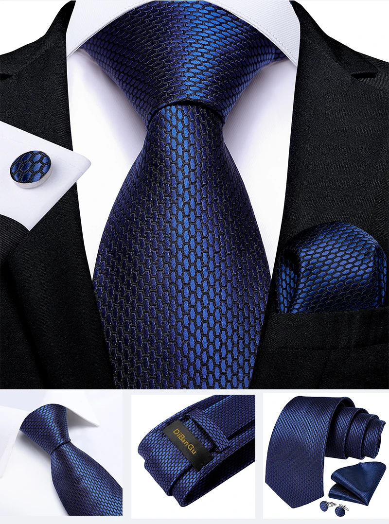 Classic Navy Blue Men's Tie Striped Paisley Floral Necktie Pocket Square Cufflinks Business Tie Set Cravat Gift For Men