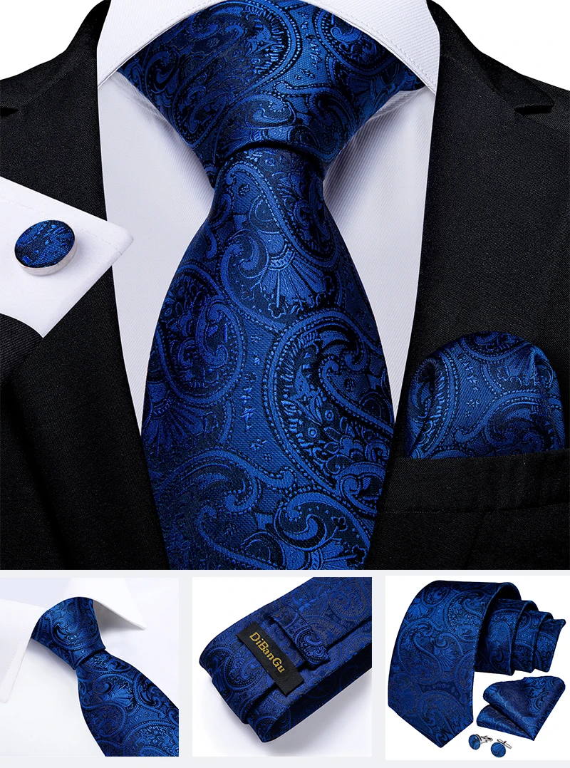 Classic Navy Blue Men's Tie Striped Paisley Floral Necktie Pocket Square Cufflinks Business Tie Set Cravat Gift For Men