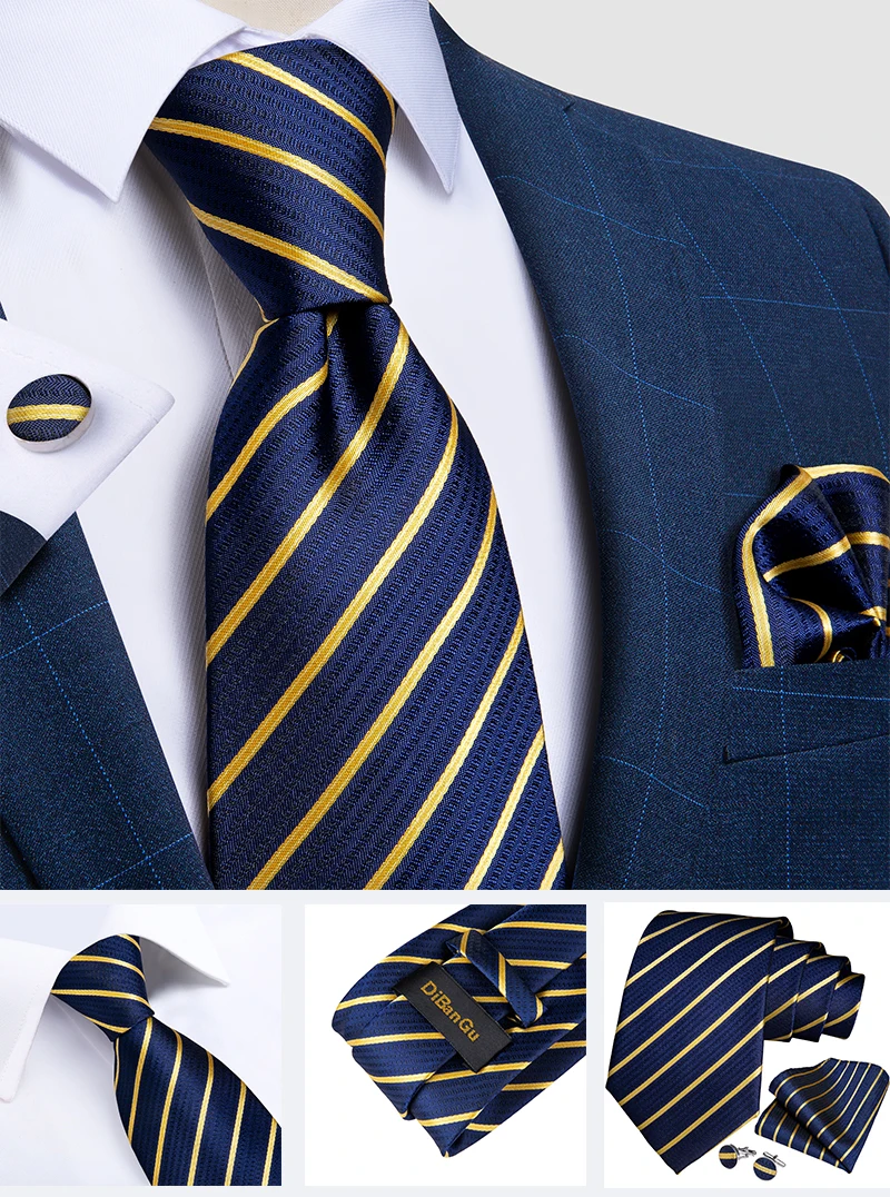 Classic Navy Blue Men's Tie Striped Paisley Floral Necktie Pocket Square Cufflinks Business Tie Set Cravat Gift For Men