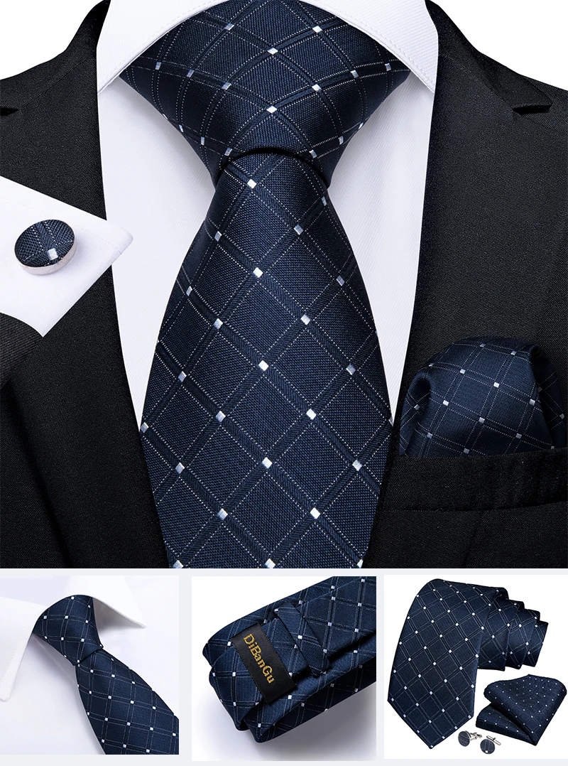 Classic Navy Blue Men's Tie Striped Paisley Floral Necktie Pocket Square Cufflinks Business Tie Set Cravat Gift For Men