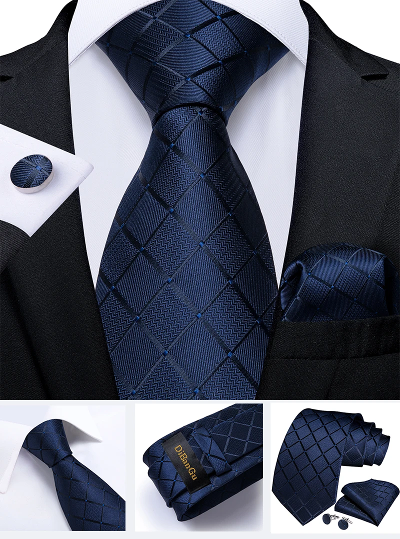 Classic Navy Blue Men's Tie Striped Paisley Floral Necktie Pocket Square Cufflinks Business Tie Set Cravat Gift For Men