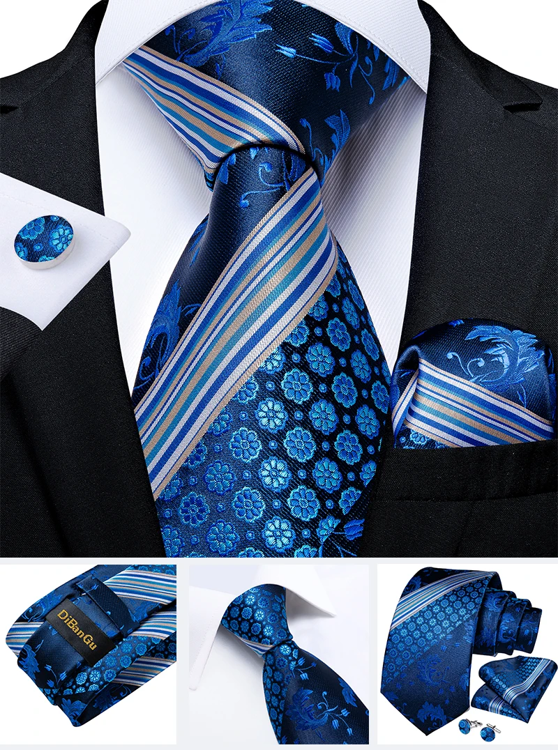 Classic Navy Blue Men's Tie Striped Paisley Floral Necktie Pocket Square Cufflinks Business Tie Set Cravat Gift For Men