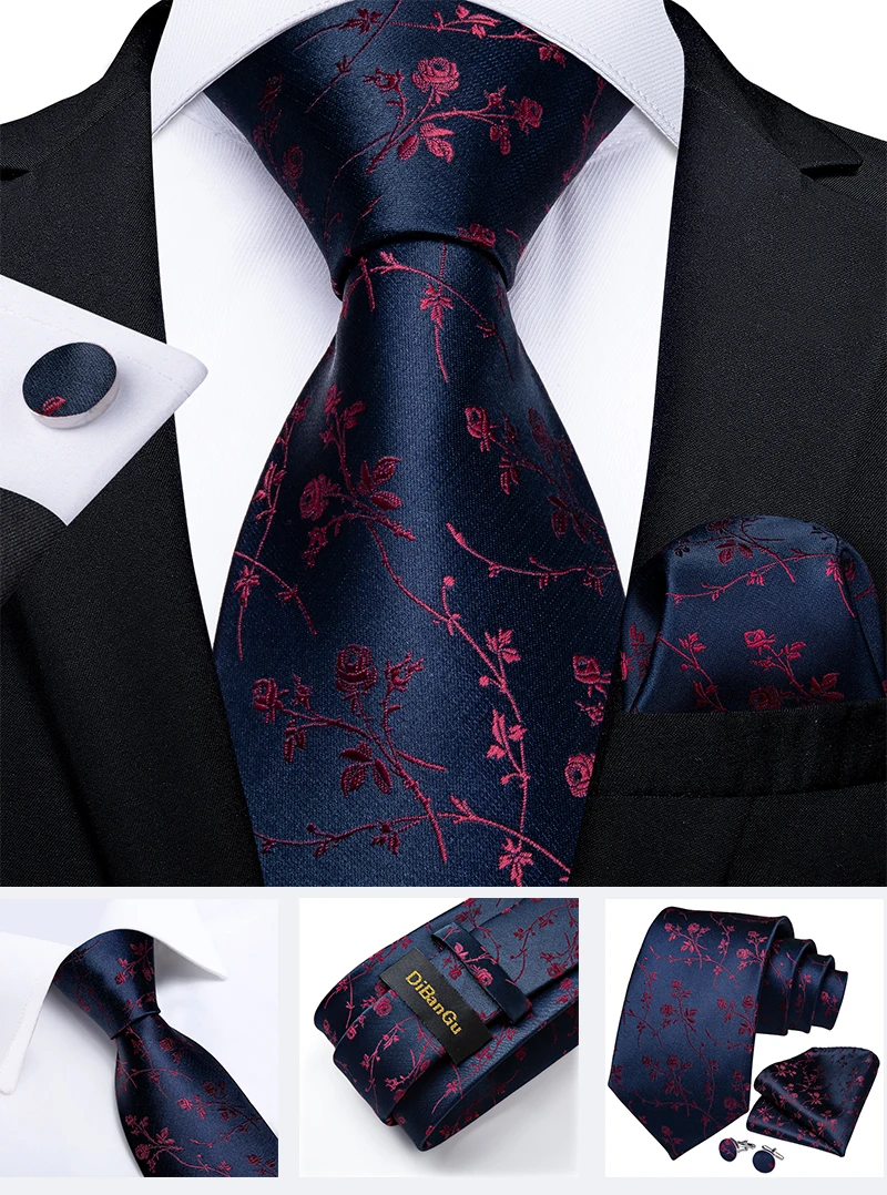 Classic Navy Blue Men's Tie Striped Paisley Floral Necktie Pocket Square Cufflinks Business Tie Set Cravat Gift For Men