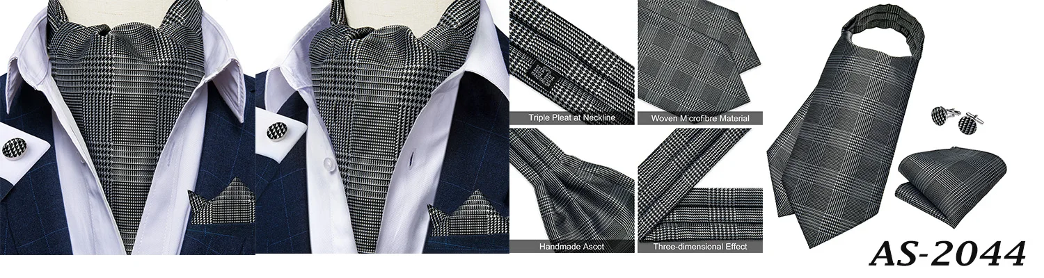 Jacquard Men Plaid Ascots Fashion Paisley Ties Wedding Formal Cravat Ascot British Gentleman Soft Polyester Luxury Gray Neck Tie