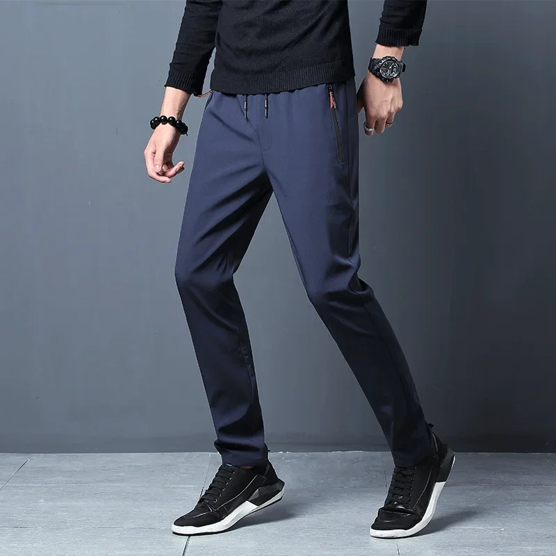 Men's Casual Pants Straight Slim Fit Elastic Waist Jogger Korean Classic Blue Black Gray Male Brand Trousers Plus Size