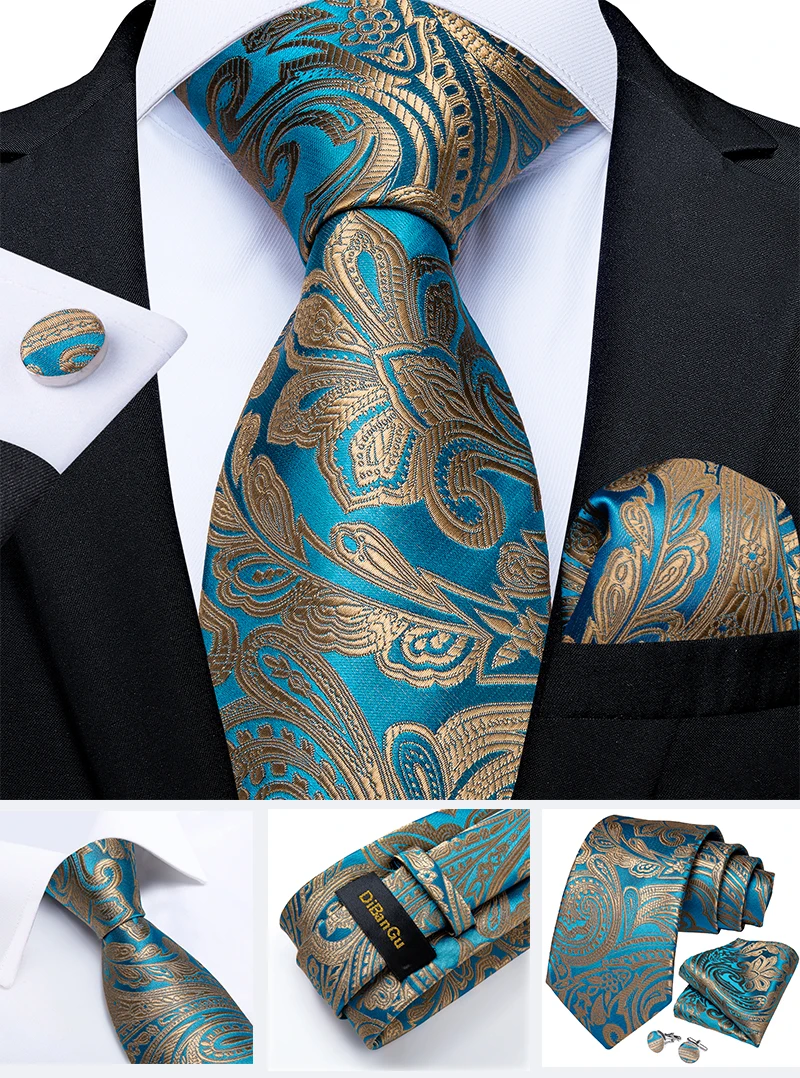 Fashion Paisley Men's Ties Gold Teal Green Black Tie For Men 8cm Business Wedding Accessories Cravat Gift For Men DiBanGu