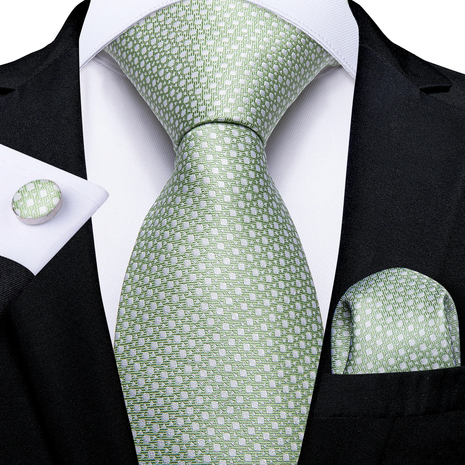 Fashion 8cm Tie Light Green Necktie Men Business Wedding Party Formal Neck Tie Accessories Handkerchief Cufflinks DiBanGu