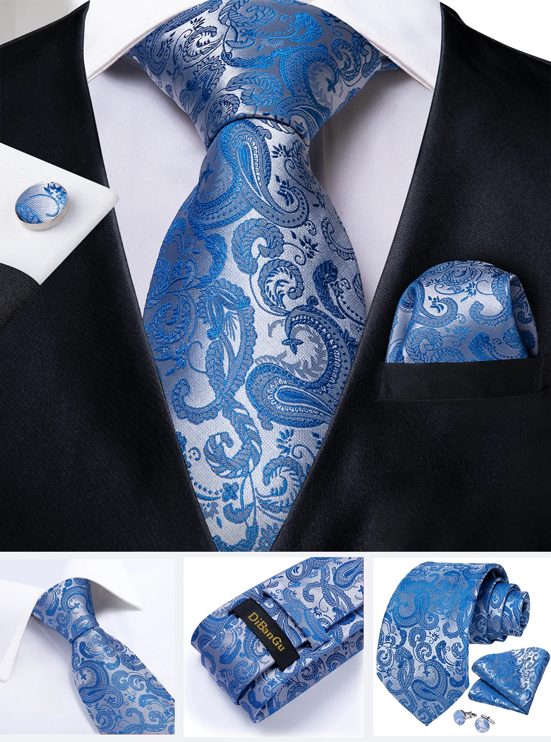 Fashion 8cm Tie Light Green Necktie Men Business Wedding Party Formal Neck Tie Accessories Handkerchief Cufflinks DiBanGu