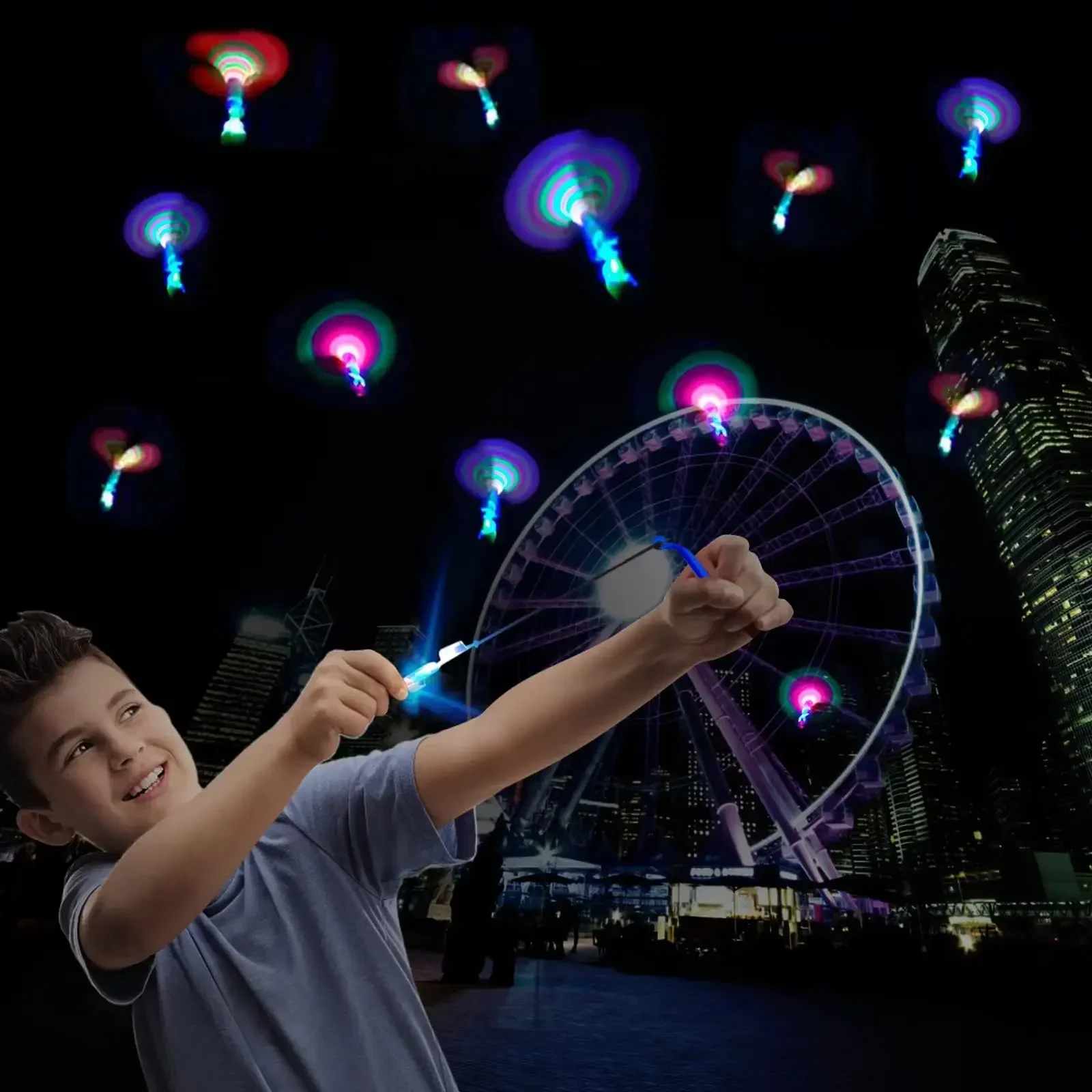 Outdoor Flash Rocket Toy LED Lights Glowing Slingshot Rocket Helicopter Flying Toy Party Fun Gift Rubber Band Ejector Toys