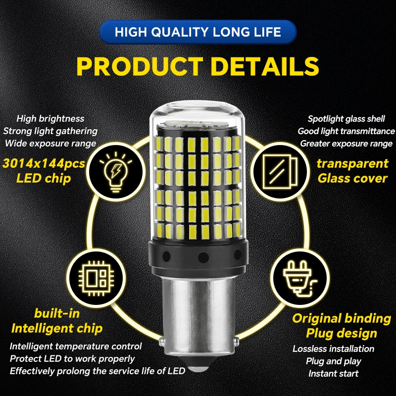 YiRui 2pcs 12-48V New LED Bulbs 144smd Lamp Reverse Turn Signal Light BA15S P21W BAU15S PY21W 7440 W21W P21/5W 1157 BAY15D