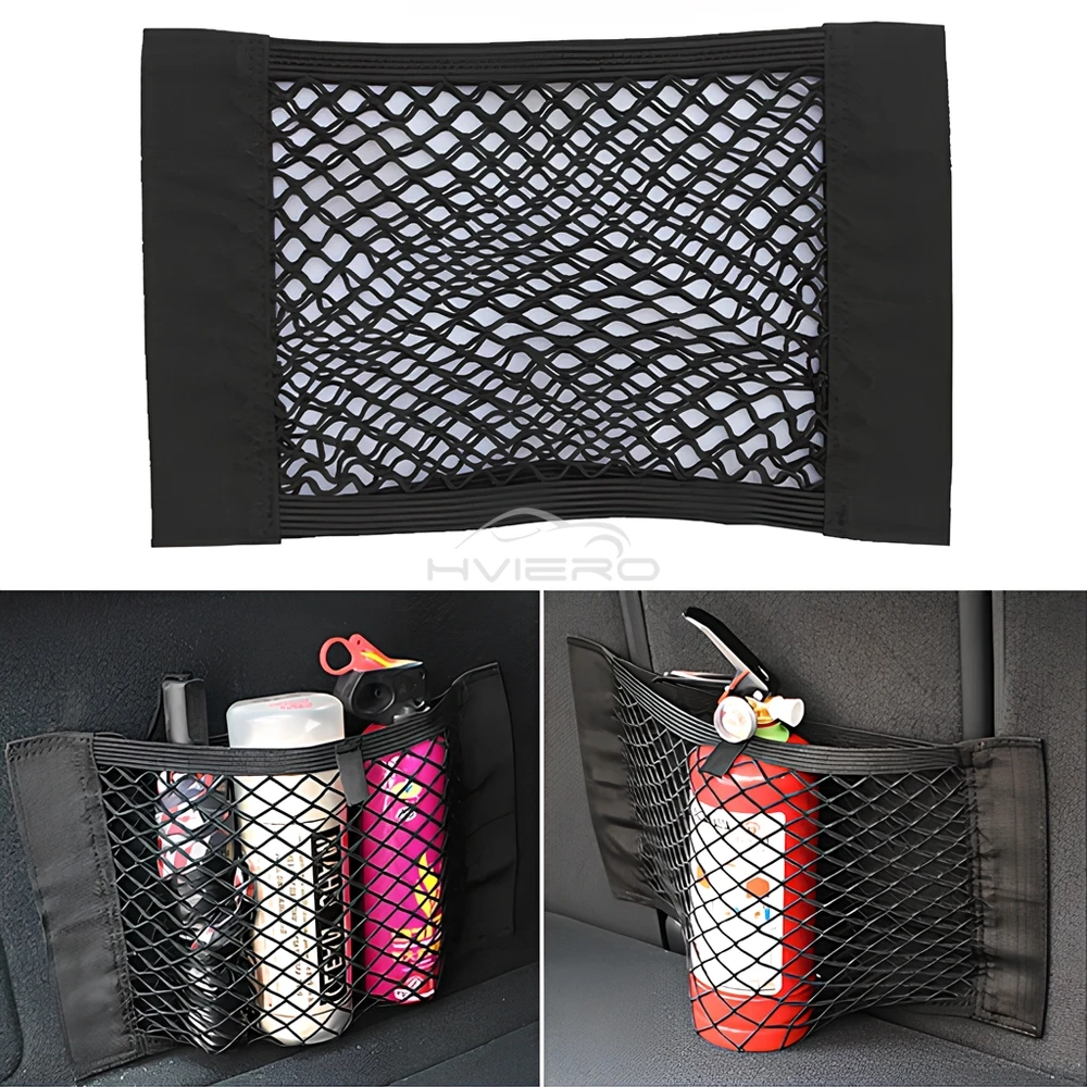 1X Car Back Rear Trunk Organizer Net Mesh Seat Elastic String Magic Sticker Universal Storage Bag Pocket Auto Put Paper Stowing