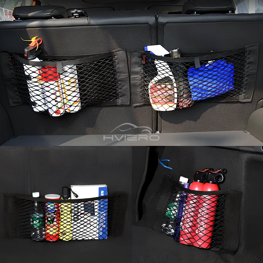 1X Car Back Rear Trunk Organizer Net Mesh Seat Elastic String Magic Sticker Universal Storage Bag Pocket Auto Put Paper Stowing