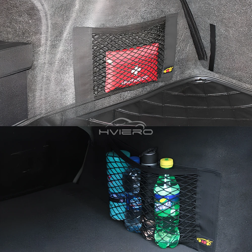 1X Car Back Rear Trunk Organizer Net Mesh Seat Elastic String Magic Sticker Universal Storage Bag Pocket Auto Put Paper Stowing