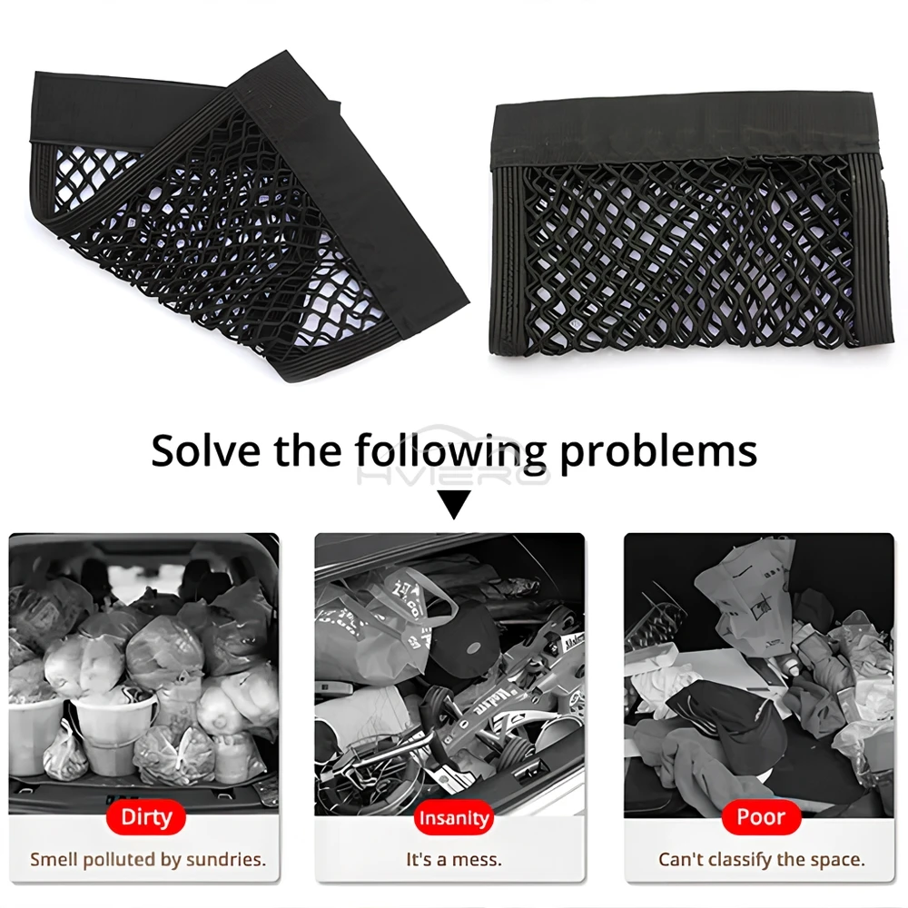 1X Car Back Rear Trunk Organizer Net Mesh Seat Elastic String Magic Sticker Universal Storage Bag Pocket Auto Put Paper Stowing