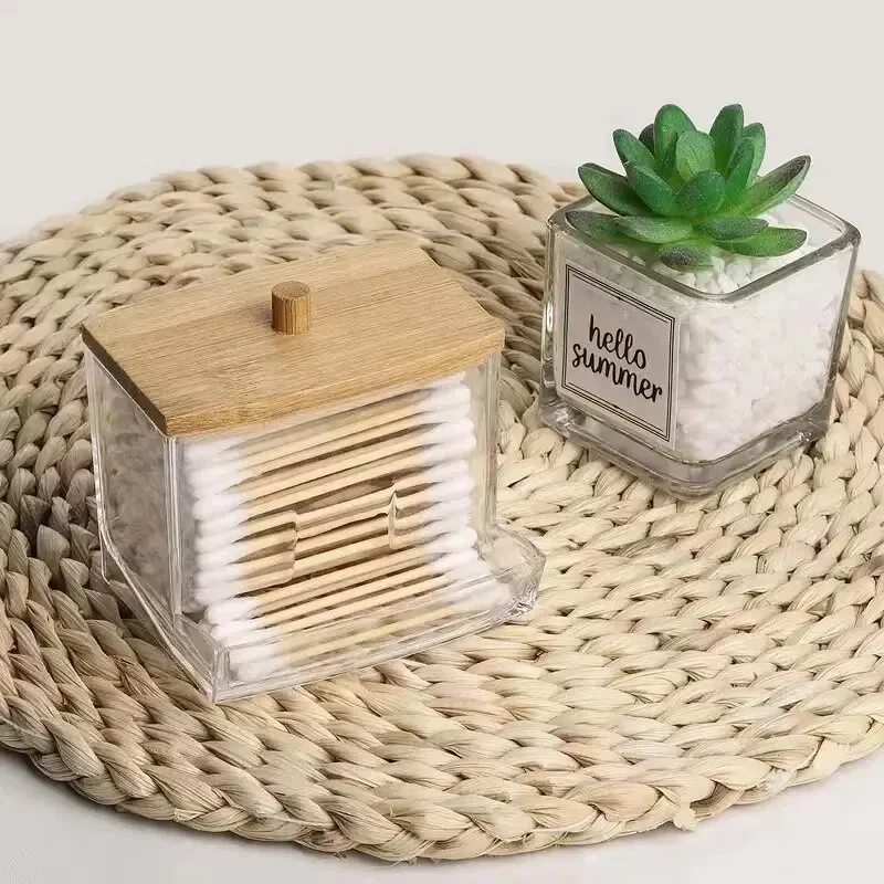 Cotton Swab Storage Box Double Head Cotton Buds Container Transparent Square Bamboo Cover Cotton Swab Toothpick Organize Box
