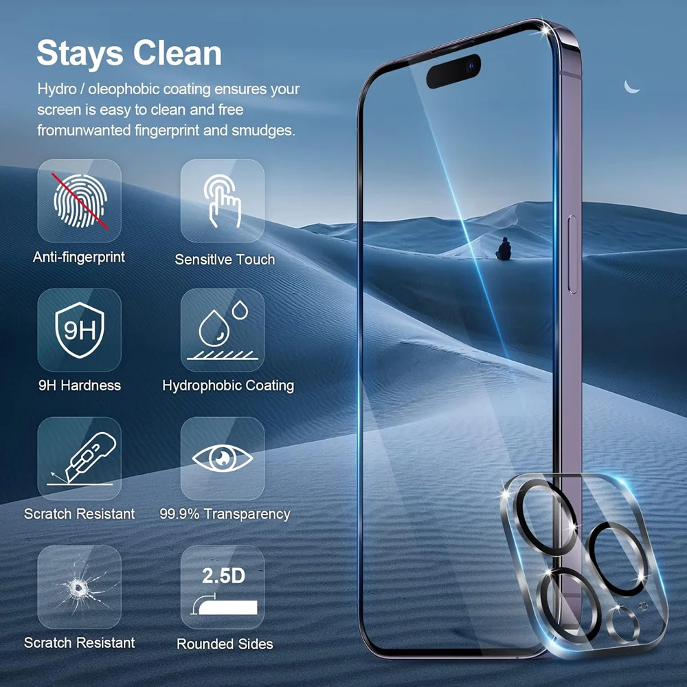 Screen Protection For iPhone 16 15 17 18 14 13 12 11 Pro Max Tempered Glass iPhone 15 Pro Camera Lens Film iPhone 16 Plus 13 Min