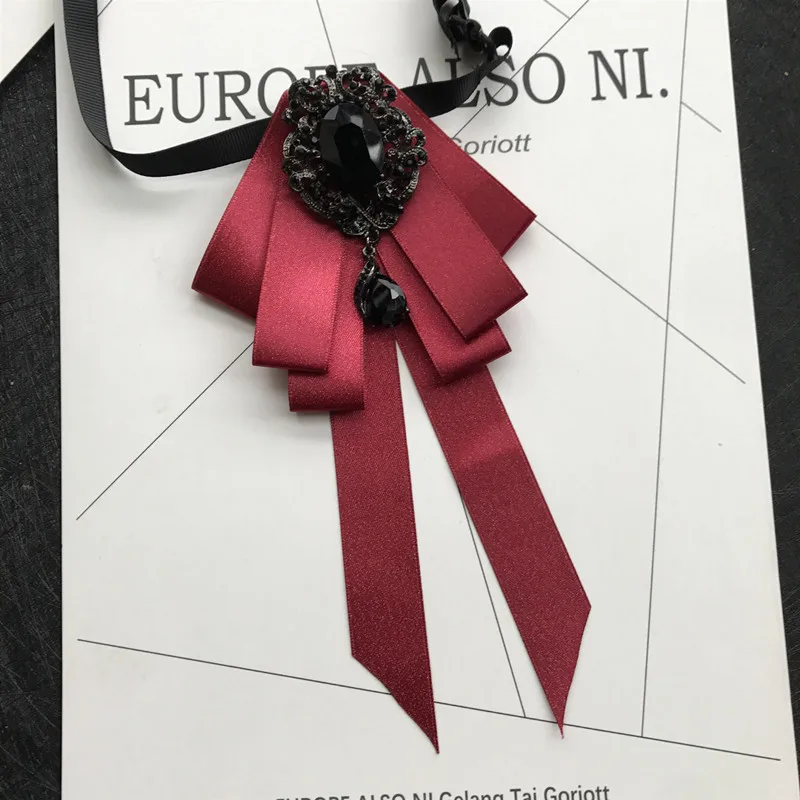 Vintage Crystal Fabric Bow Tie Brooch Korean Fashion Bowties Neckties for Women White Shirt Collar Luxury Jewelry Accessories