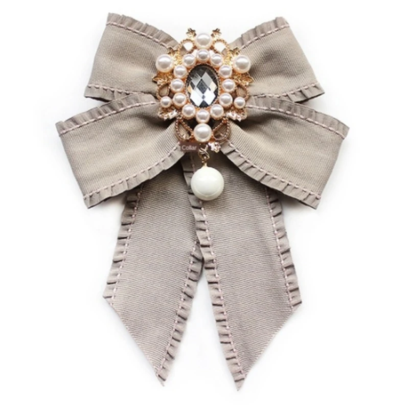 Women Vintage Elegant Pre-Tied Neck Tie Brooch Imitation Pearl Jewelry Ribbon Bow Tie Corsage for Shirt Collar Clothes Dropship