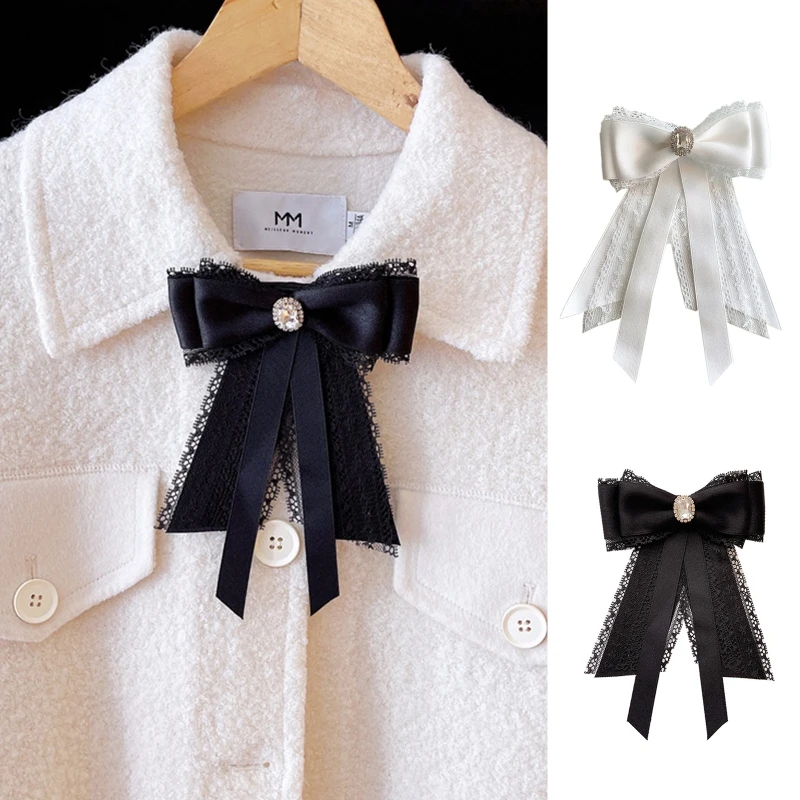 Women Vintage Elegant Pre-Tied Neck Tie Brooch Imitation Pearl Jewelry Ribbon Bow Tie Corsage for Shirt Collar Clothes Dropship
