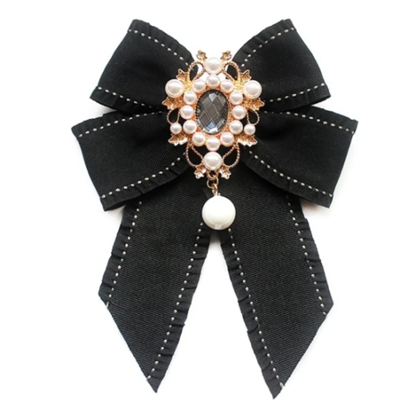 Women Vintage Elegant Pre-Tied Neck Tie Brooch Imitation Pearl Jewelry Ribbon Bow Tie Corsage for Shirt Collar Clothes Dropship