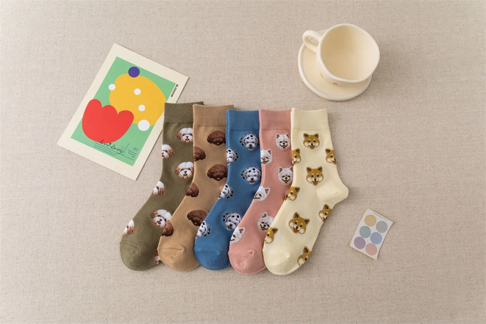 New Cute Cartoon Dog Middle Tube Socks Japanese Ins Creative Female Sokken Shiba Inu Dalmatian Malzis Teddy Pomeranian Dropship